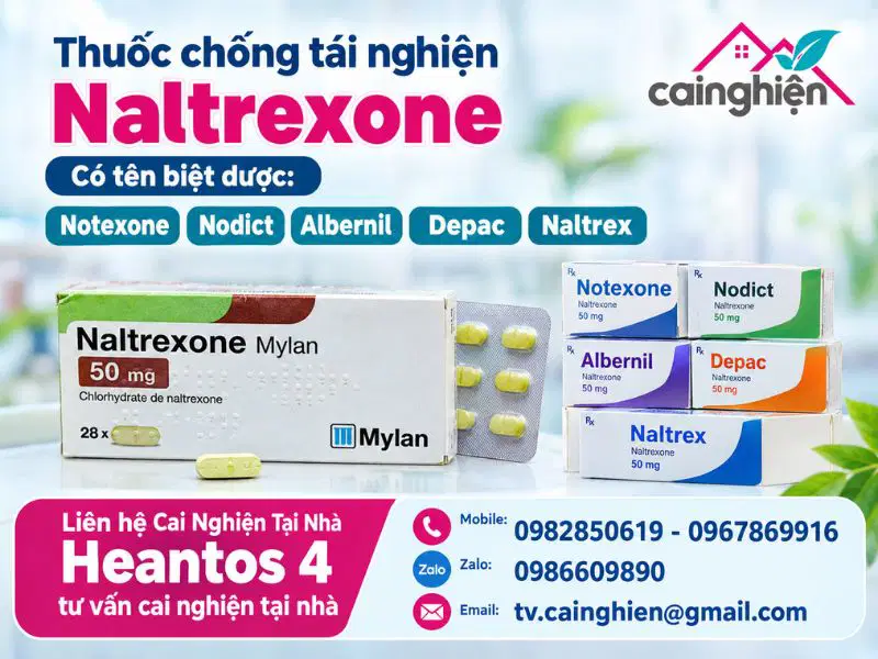 Thuốc chống tái nghiện Naltrexone có tên biệt dược: Notexone, Nodict, Albernil, Depac, Naltre